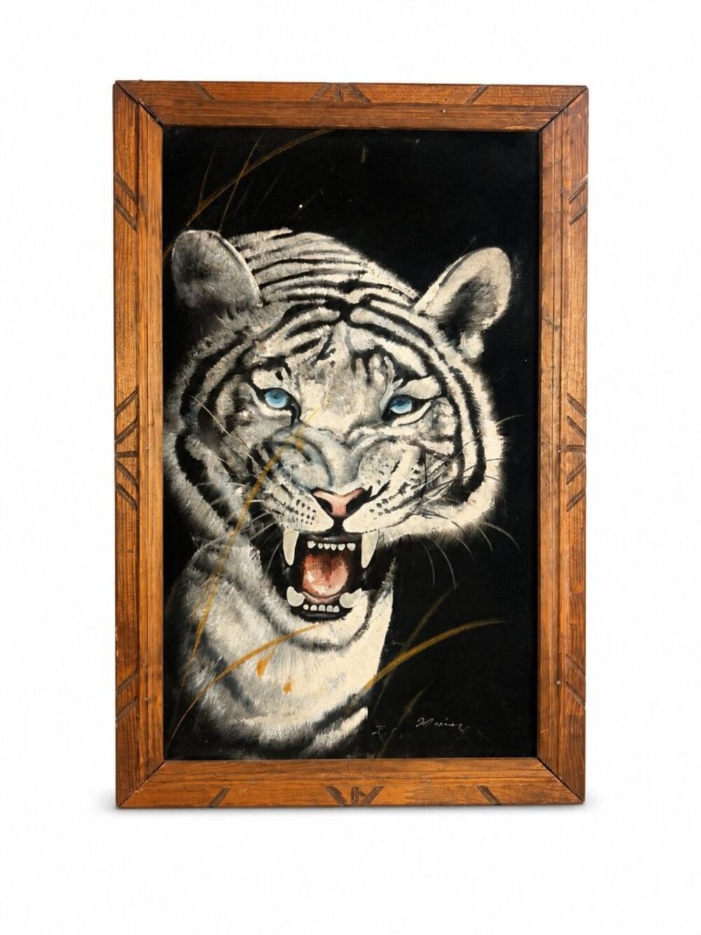 Black Velvet Painting White Bengal Tiger Vintage Wooden Frame Mexico Signed Wall